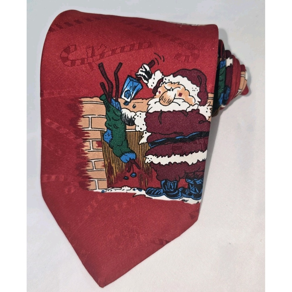 HALLMARK Christmas SANTA CLAUSE Necktie Mens Red Fireplace Holiday Coal Stocking